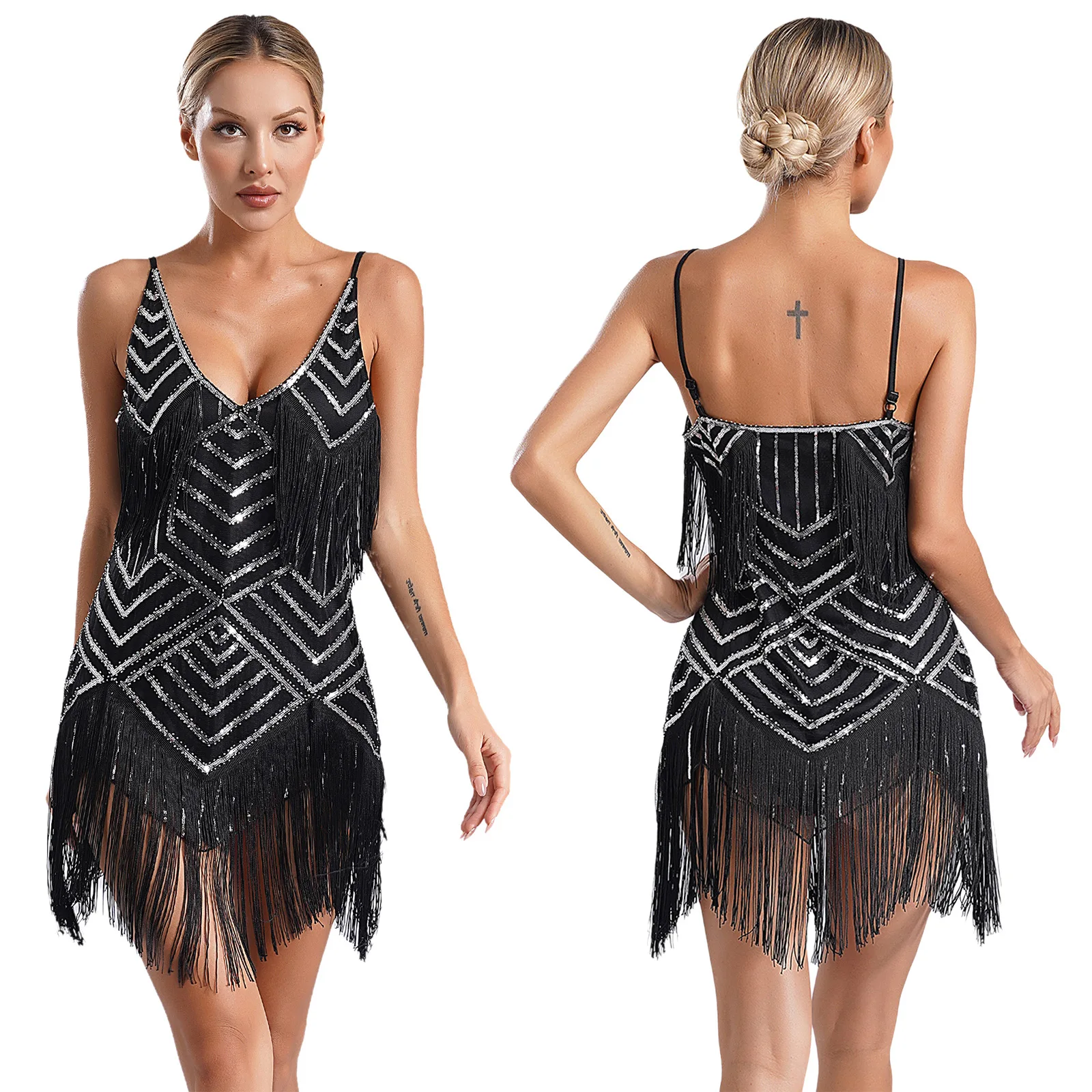 thumbnail image 1 of Disfraz de baile latino Tango Samba con lentejuelas brillantes para mujer, disfraz de fiesta temática de los años 20, vestido Flapper con flecos y cuello en V, 1 of 5