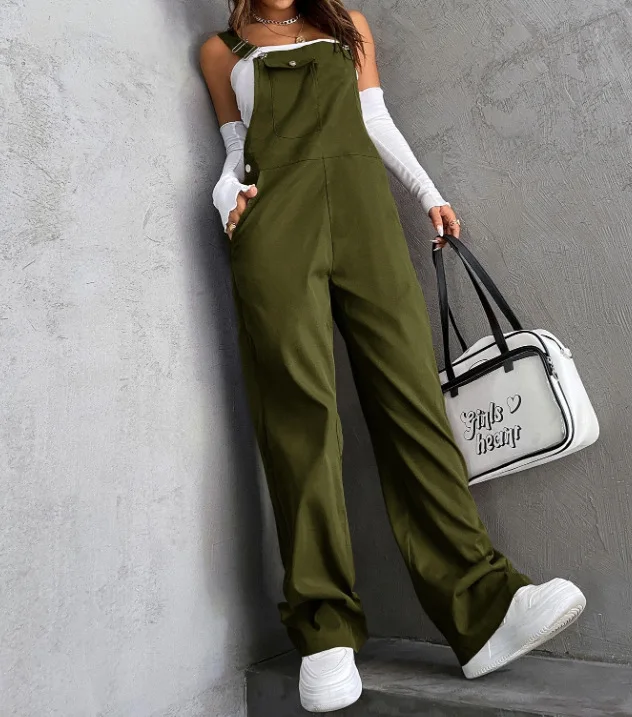 Retro Pocket Solid Color Straight Leg Utility Overalls Loose Fashion Casual Pants