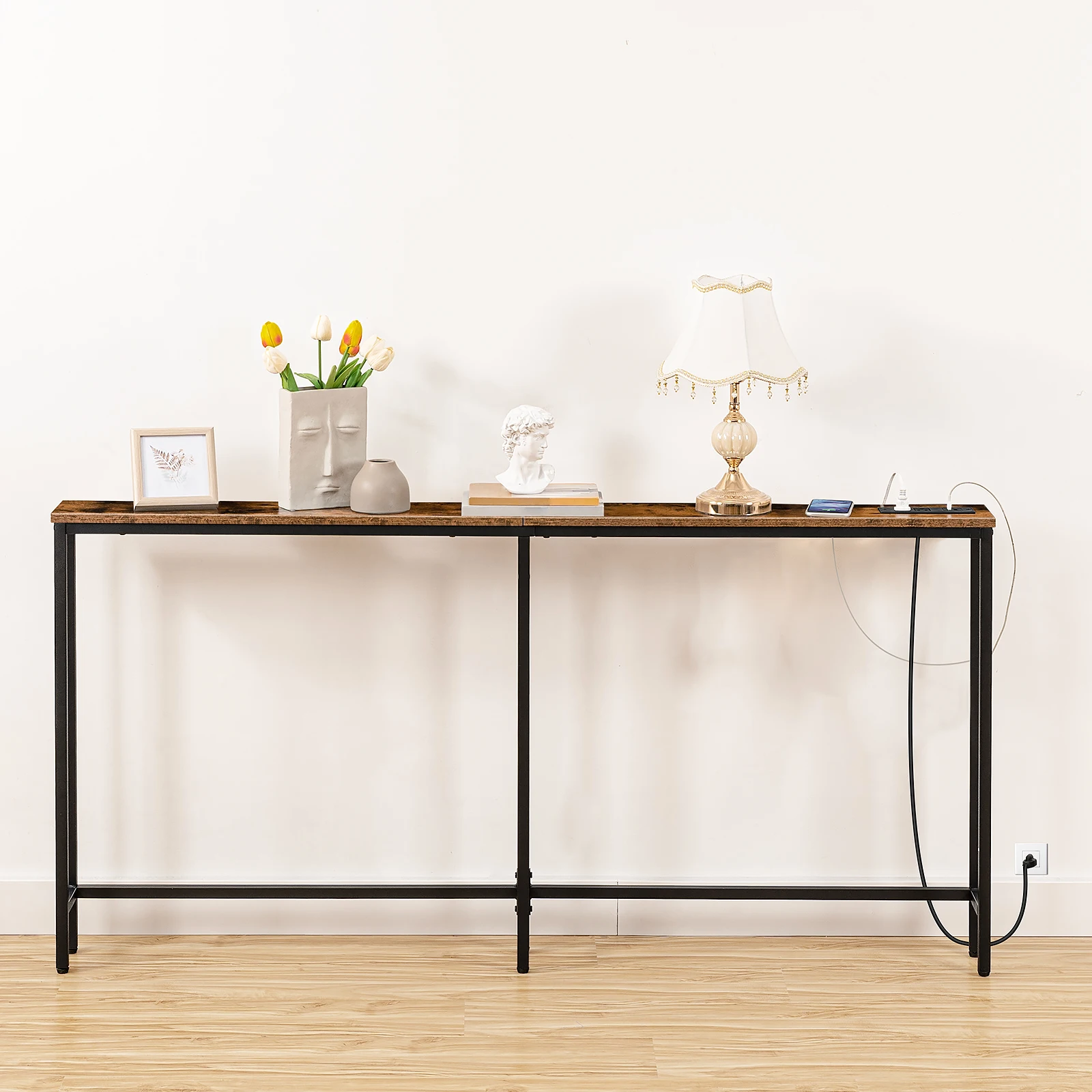5.9" Skinny Console Table with Charging Station 63" Narrow Console Table with Power Outlets Long and Thin Sofa Slim
