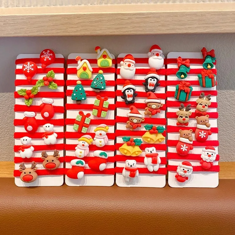 10PCS Kids Girls Christmas Hair Ties Cute Santa Claus Reindeer Design Festive Hair Accessories Holiday Parties Decorations