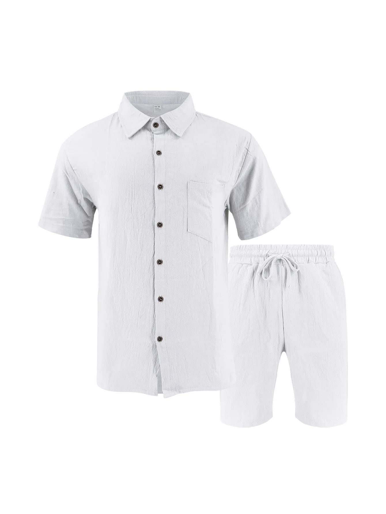 Summer Men's Solid-Color Linen Beach Suit, Lapel Button Short-Sleeved Shirt Paired With Drawstring Shorts, Casual 2-Piece Set