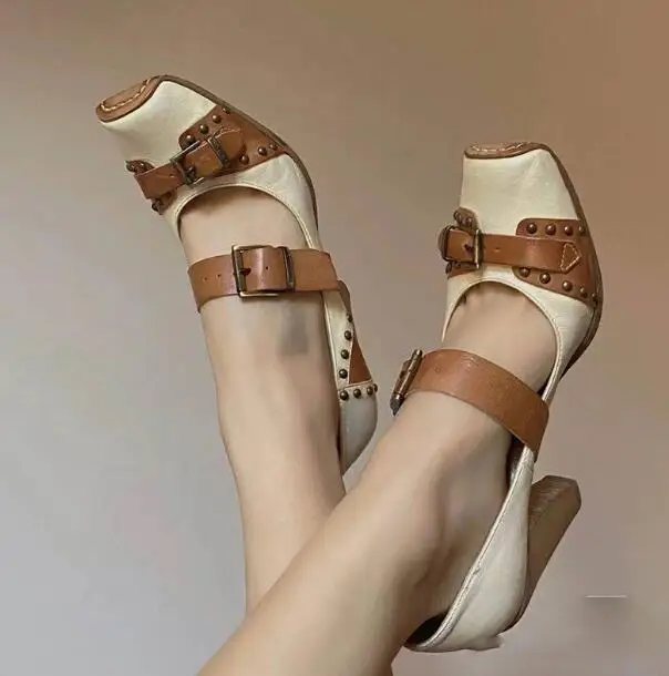 

Khaki Beige Patchwork Belt Buckles Square Closed Toe Pumps Women Hollow Cuts Out Shallow Rivet Heels British Leather Shoes Lady