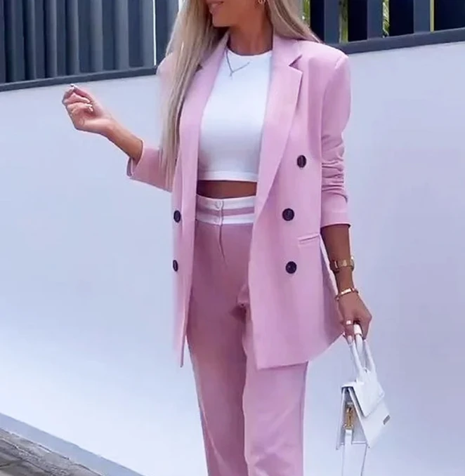 Two Piece Set for Women 2023 New Pink Temperament Elegant Office Suit Turndown Collar Long-Sleeved Blazer and Slim Pants Suit
