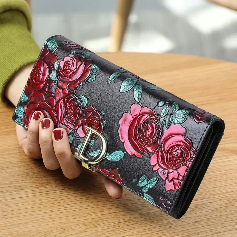 Embossed Genuine Leather Women's Retro Long Clutch Wallet