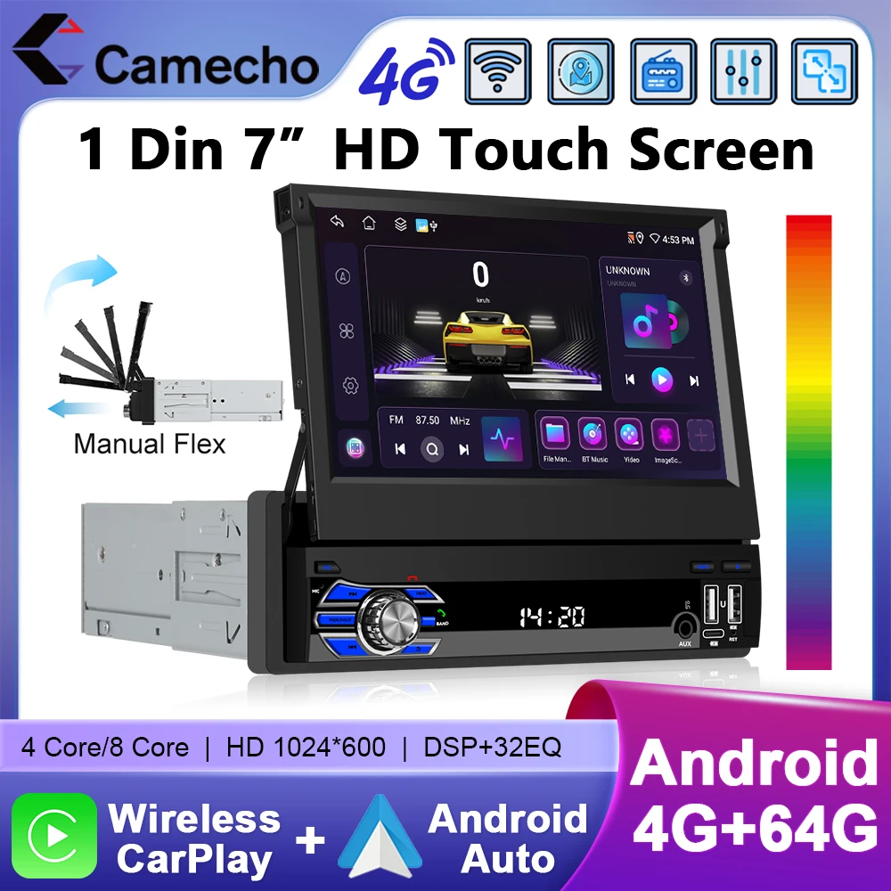 Camecho 4 + 64G pantalla IPS retráctil de 7 pulgadas 1 Din Radio de coche Carplay Android Auto GPS estéreo 1Din reproductor de vídeo Multimedia Wifi 4G 1