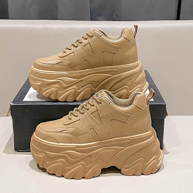 

Autumn Leather Platform Shoes Thick Sole Chunky Sneakers Lace-up Women 2023 Fashion Outdoors Casual Slip On Walking Shoes Woman