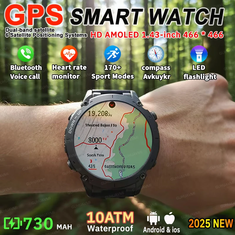 2025 Upgraded New Outdoors Sports Military GPS Smart Watch 10ATM Waterproof 730mAh High Battery Compass NFC HD BT Call Men Watch 1