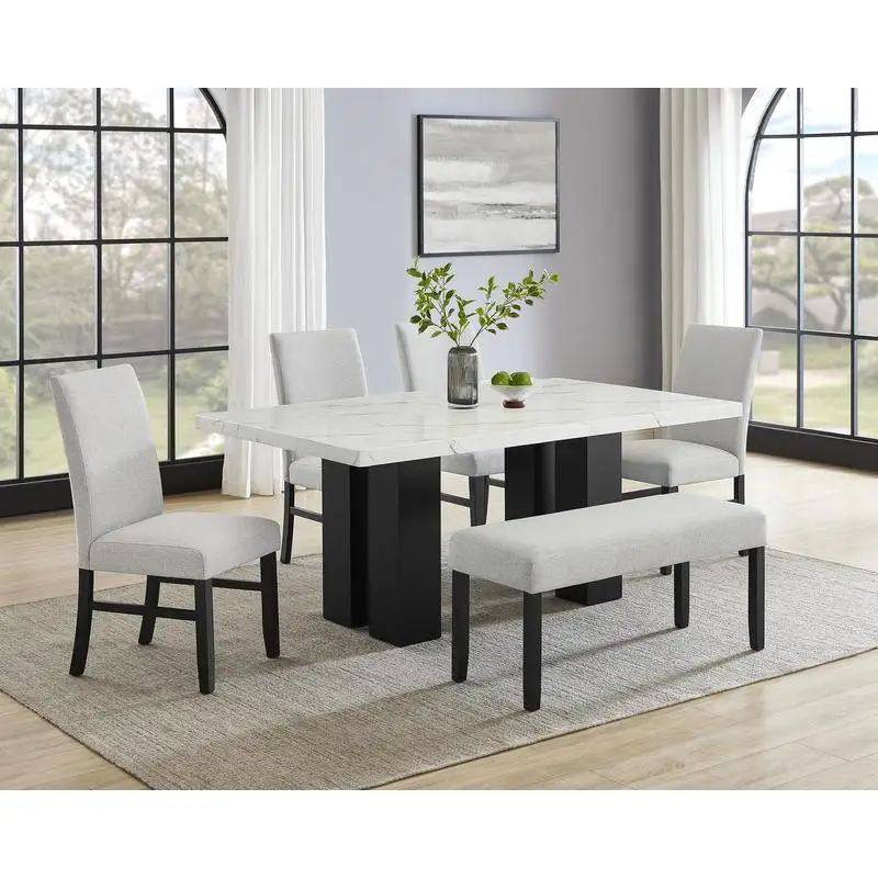 6-Piece White Marble Dining Set with Bench 1
