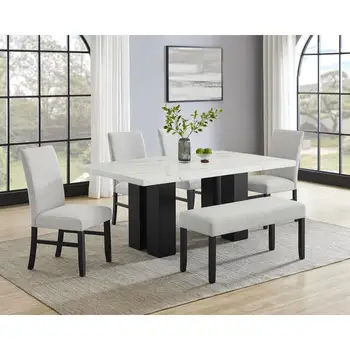 6-Piece White Marble Dining Set with Bench 1