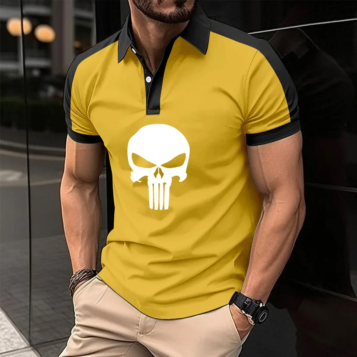 Description Picture 5 of item50% Cotton Polo Men Shirt Short Sleeve Polo Shirt Contrast Color Polo Skull print Summer Streetwear Casual Fashion Men tops