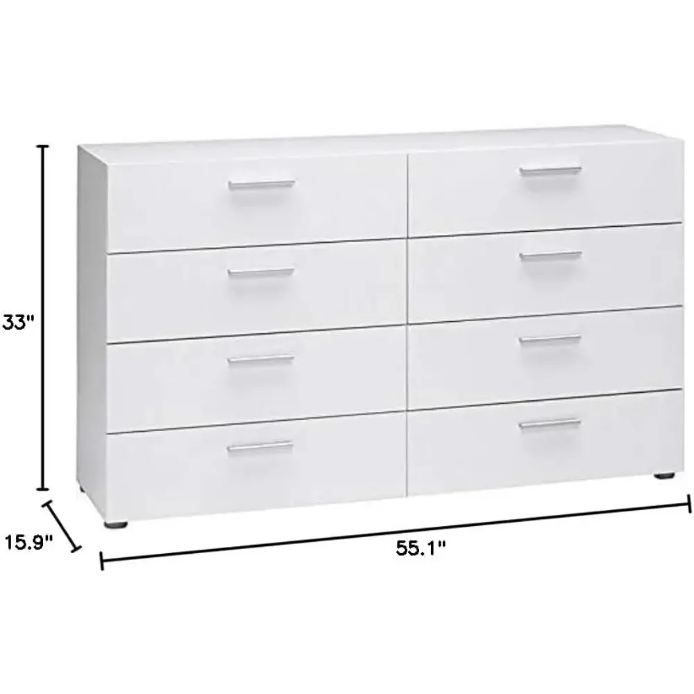 Contemporary 3/8 Drawer Double Bedroom Dresser in White with Modern Silver Color Bar Handles 4