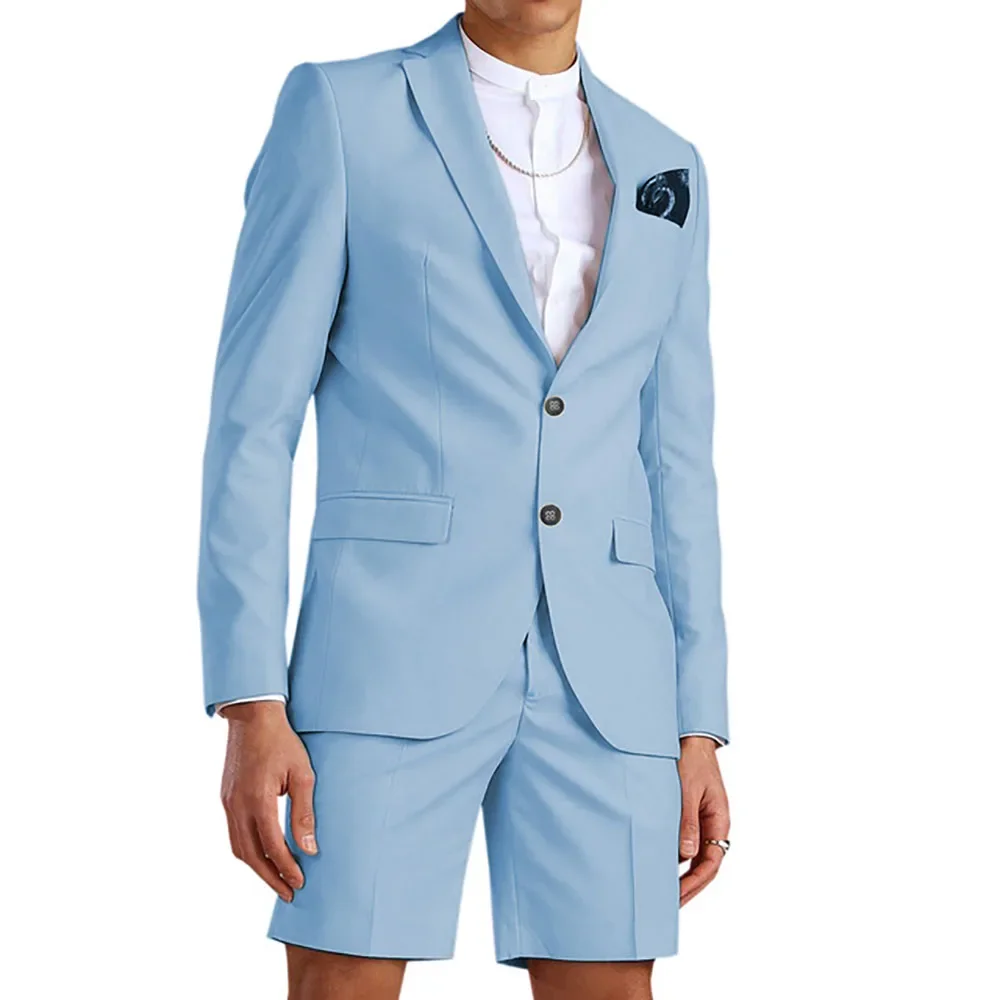 Casual Summer Light Blue Men's Suit Short Pant Suits 2 Piece Tuxedo Groom Beach Wedding Dress Costume Homme Mariage(Blazer+Pant) men suits jackets