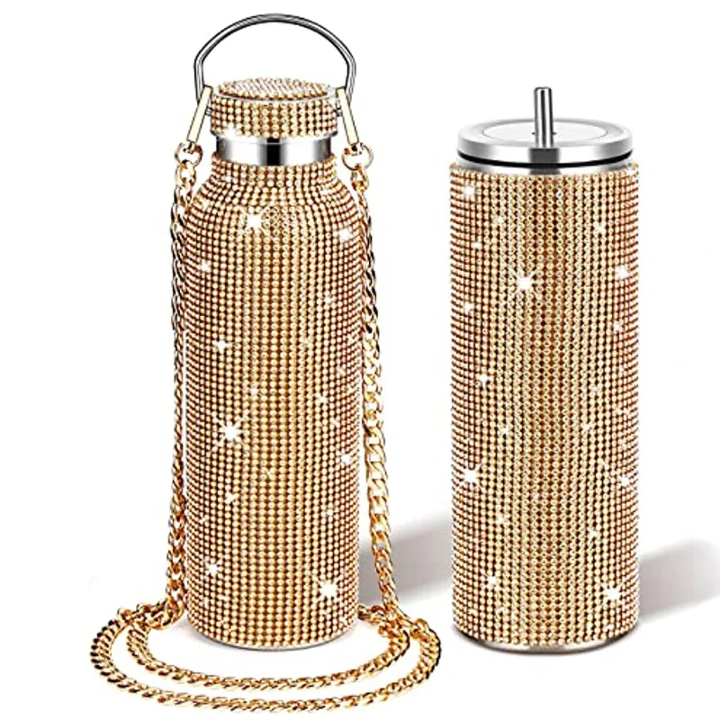 

2pcs/set 600ml/20oz Glitter Diamond Thermos Bottle Rhinestone Stainless Steel Water Bottles Insulated Tea Coffee Mug Adult Gift