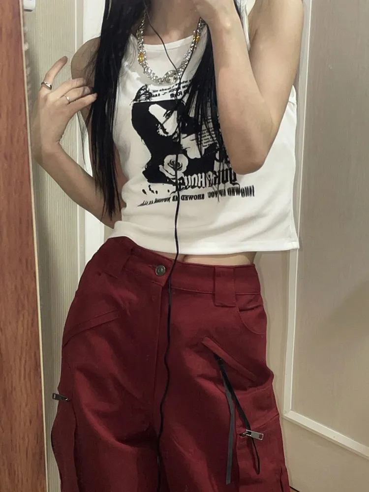 Womens Gothic Y2K Printed Tank Tops Girls Punk Grunge Slim Fit Mini Vest  T-Shirt