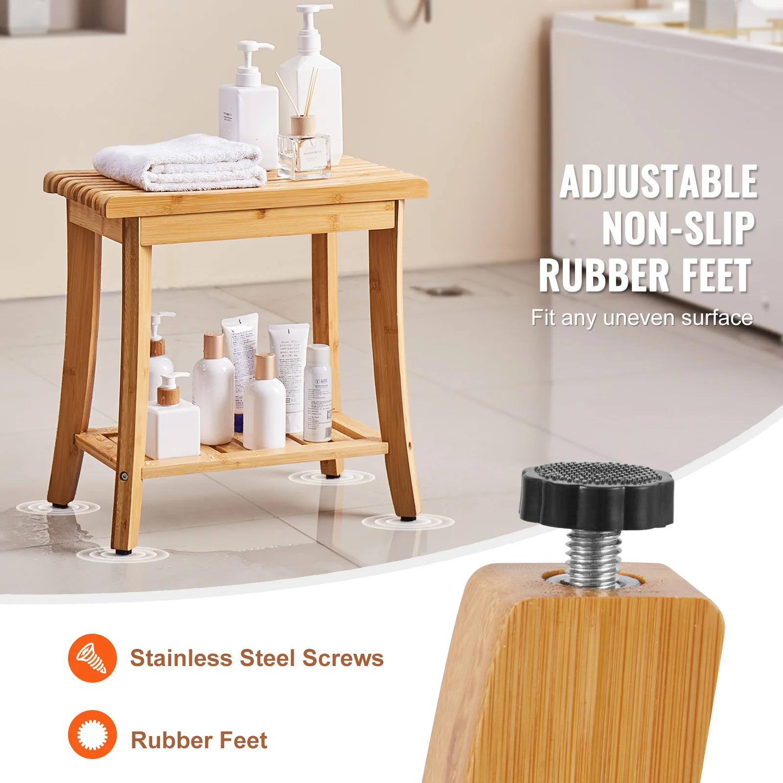 VEVOR Bamboo Shower Bench 19.1 x 11.3 x 18.3 in Waterproof Shower Stool Chair with Storage Shelf 330lbs Load Capacity Spa Seat 4