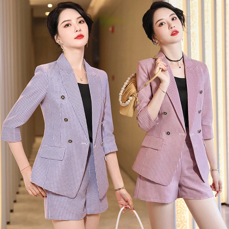 

Fashion Suit Women's Pink Plaid Retro Hong Kong Style Suit Western Style Internet Celebrity Fried Street Suit Temperament Twinse