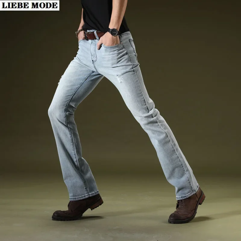 

Men's Light Blue Ripped Flare Jeans for Men Autumn Spring Business Casual Trousers Denim Pants Flared Bootcut Jean Slim Homme