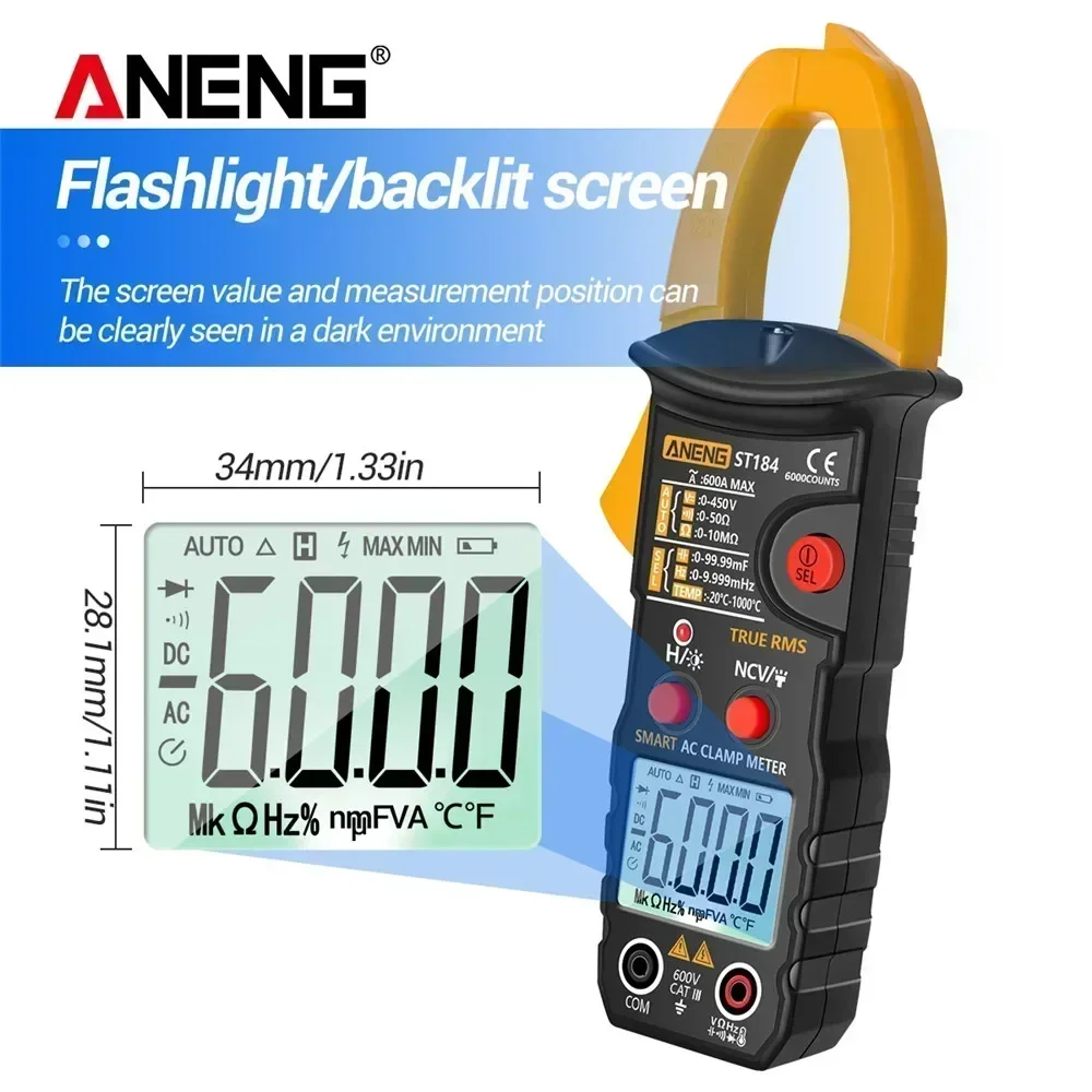 ANENG ST184 디지털 멀티미터 클램프 미터 트루 RMS 6000 카운트 전문 측정 테스터 AC/DC 전압 AC 전류 저항 측정 도구