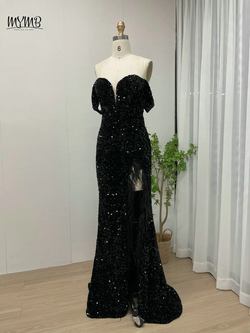 Mymb schwarz funkelnde Pailletten Meerjungfrau High Split formelle Oksion Kleider mit Federn Luxus Arabisch schulter frei Abend Ballkleid – Detail 9