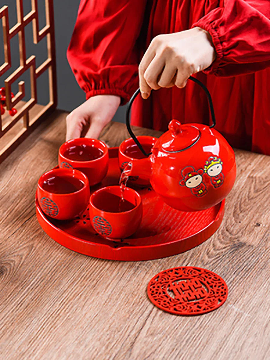 Traditional Wedding Decoration Red Tea Set for Adults, Chinese Kung Fu Teapot, Teacups, Tea Service, Teaware with Handle, Chin