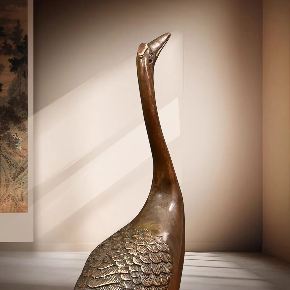 Chinese Solid Brass Feng Shui Statue - Crane on Turtle Figurine for Longevity & Good Luck, Antique Home Office Desk Decor Gift