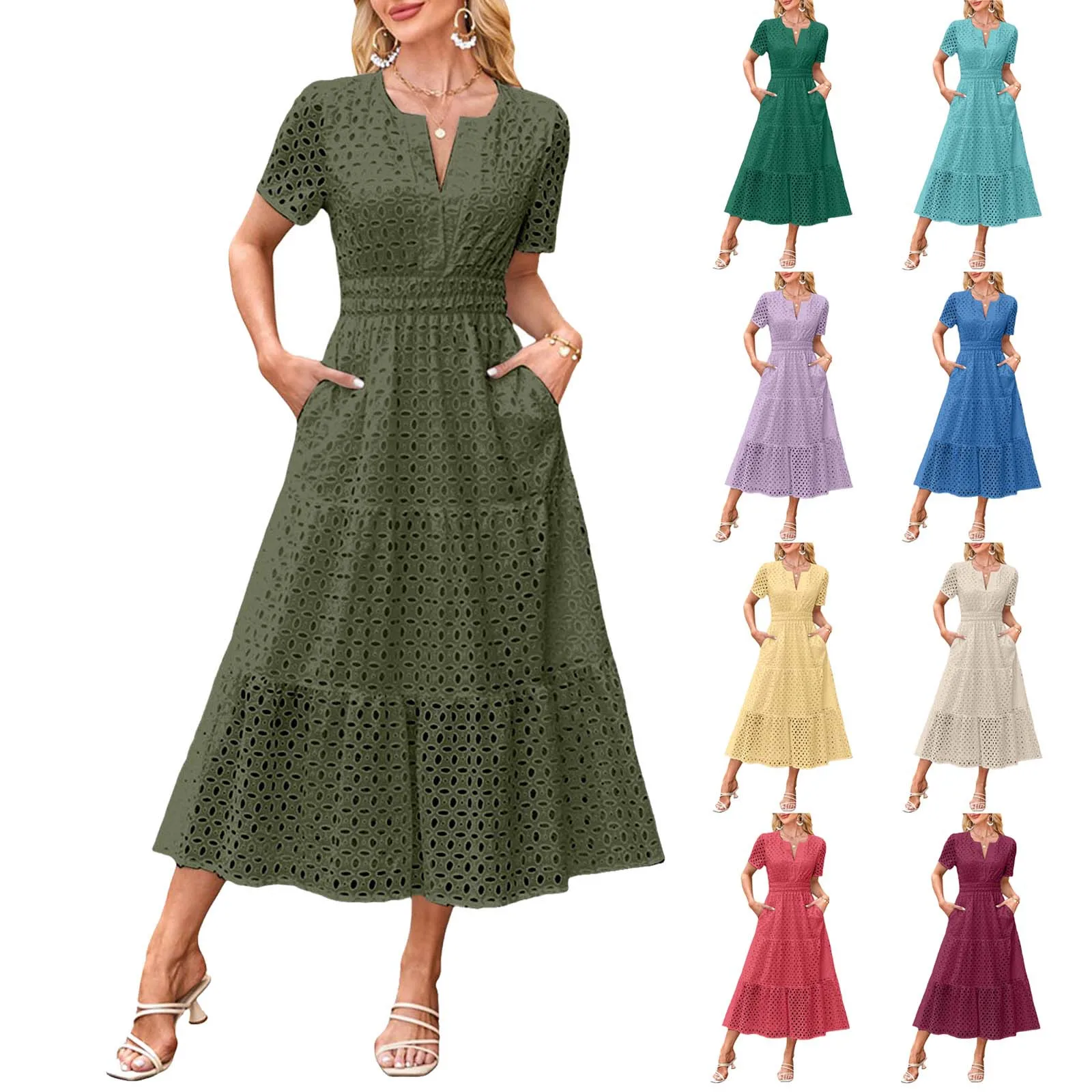 Cocktail Dresses For Women Short Sleeve High Waist Maxi Dress Sexy V Neck Hollow Long Dress Ruffle Hem A Line Dress With Pockets - 3