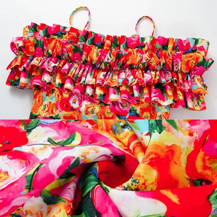 2024 Vintage Off Shoulder Swimsuit and Sarong Printed Onepiece bikini set padded Swimwear Women Beachwear Bathing suit tankini