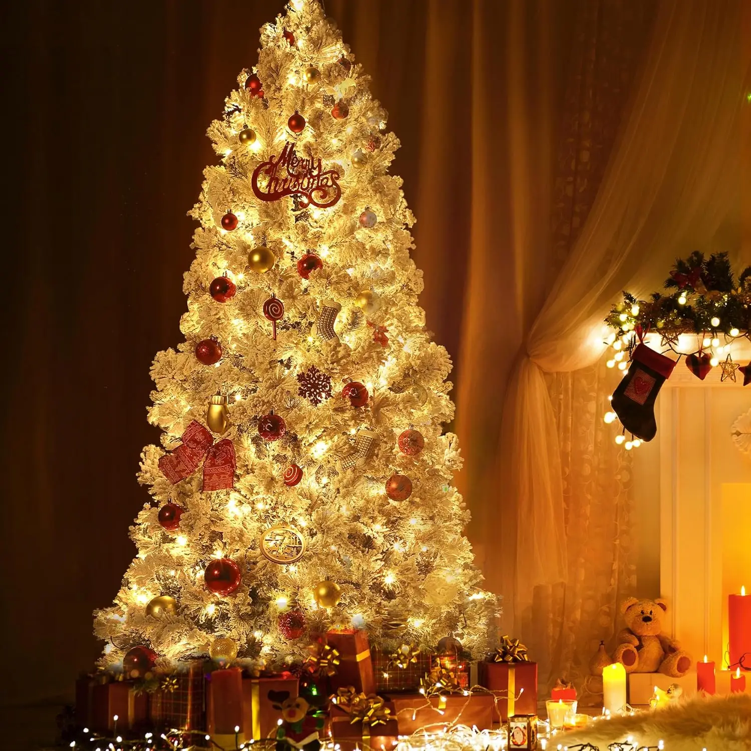 6FT–7.5FT Pre-Lit Snow Flocked Christmas Tree with 300 Multicolor LED Lights & 8 Lighting Modes – Foldable Metal Stand for Home & Xmas Party Décor