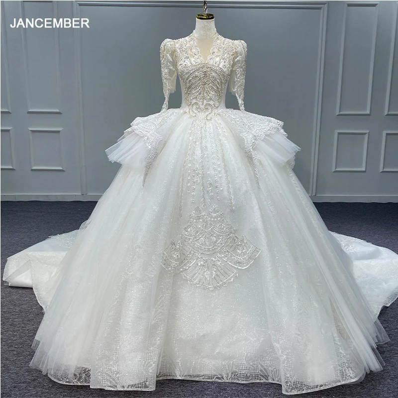 

Jancember V-neck Ball Gown Full Sleeves Dresses Wedding Beading Illusion Sequined Ruffles Princess Bride Dresses Wedding MN184