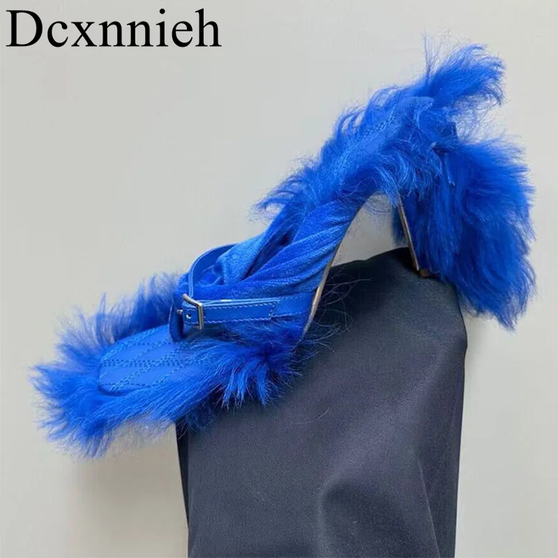 

New Square Toe Fur Decor Split Toe Slippers Women's Sexy Belt Buckle Decor Pumps Summer Thin Heels Sandals Party Dress Shoes