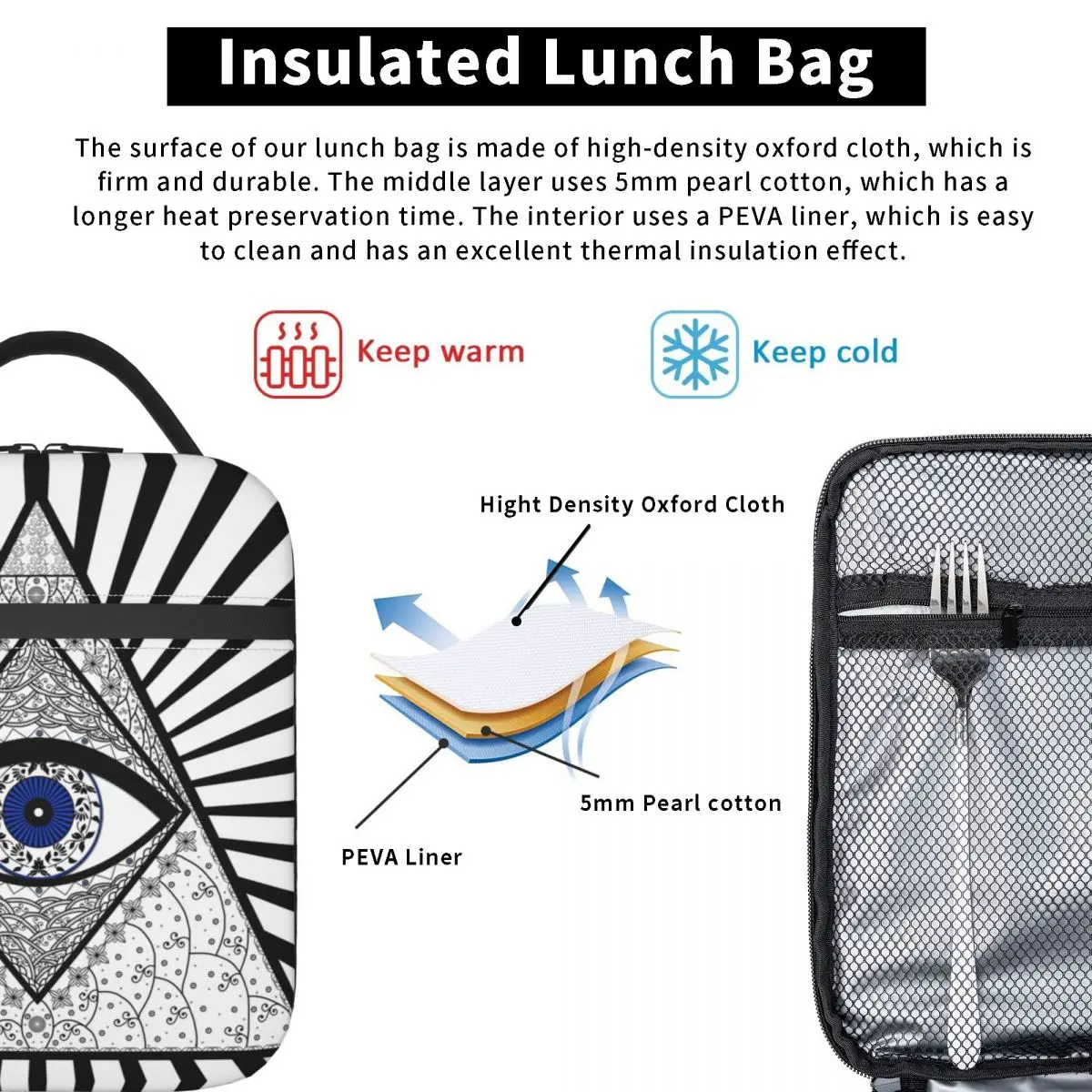 Evil Eye Good Luck Charm Energy Triangle Insulated Lunch Tote Bag Geometric Amulet Nazar Cooler Thermal Food Lunch Box Camping