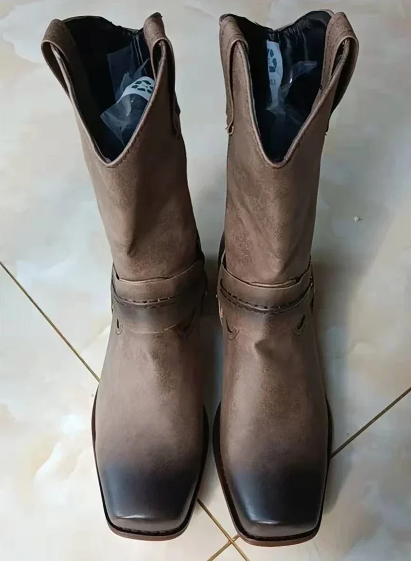 Retro Cowboy Boots Women Men Mid Calf Outdoor Men Vintage PU Shoes Man Slip on Winter Gladiator Booties Unisex Chelsea Boots Men - 2