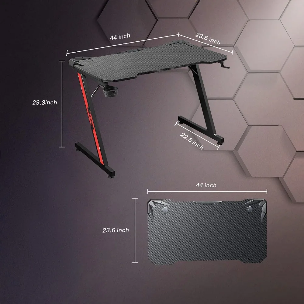 Game desk, carbon fiber surface computer desk, home office desk, with cup holder and headphone hook 3