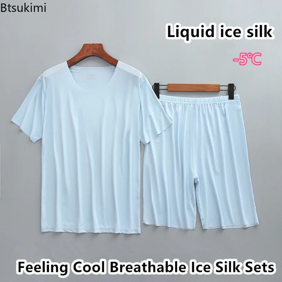 Summer New Men's Ice Silk Pajamas Two-pieces Thin Cool Breathable Short-Sleeved Shorts Homewear Large Size Lounge Sleepwear Sets