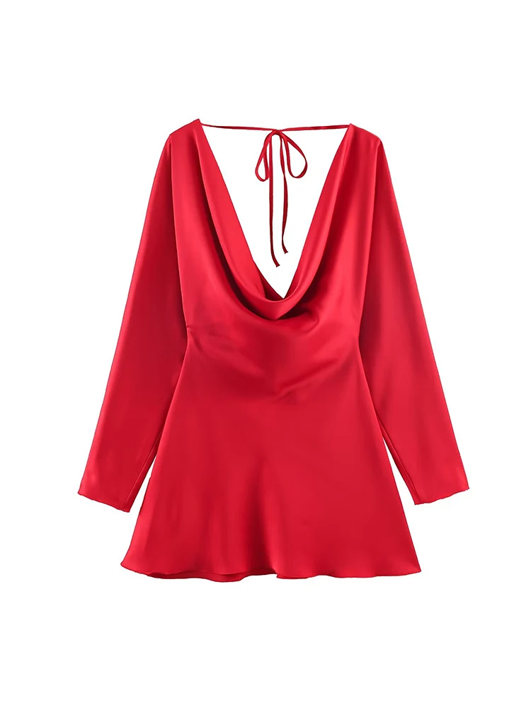 Women's Elegant Satin Party Dress High Street Long Sleeve Mini Dress Spring Fall Fashion Ladies Swinging Collar Solid Dresses