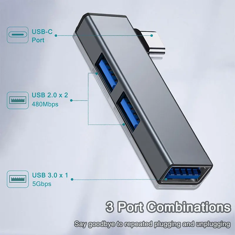 USB Hub, 3-Port Aluminum USB Hub with USB 2.0 Port and USB 3.0 Port, USB Splitter, USB Extender for Laptop, PC, Flash Drive, HDD - 4