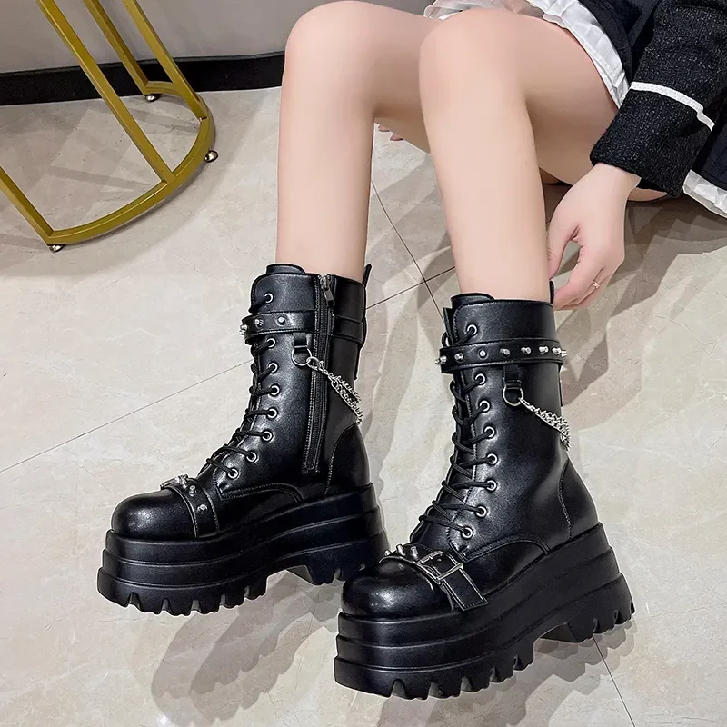 

Platform Thick Gothic Boots Lady Buckle Autumn Shoes Women Wedges Knee High Boots Punk Street Cosplay Botas Motorcycle Chain