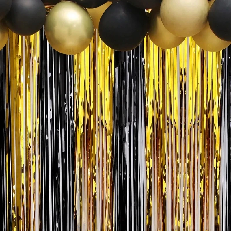 Elegant Black and Gold Glitter Fringe Backdrop Curtains