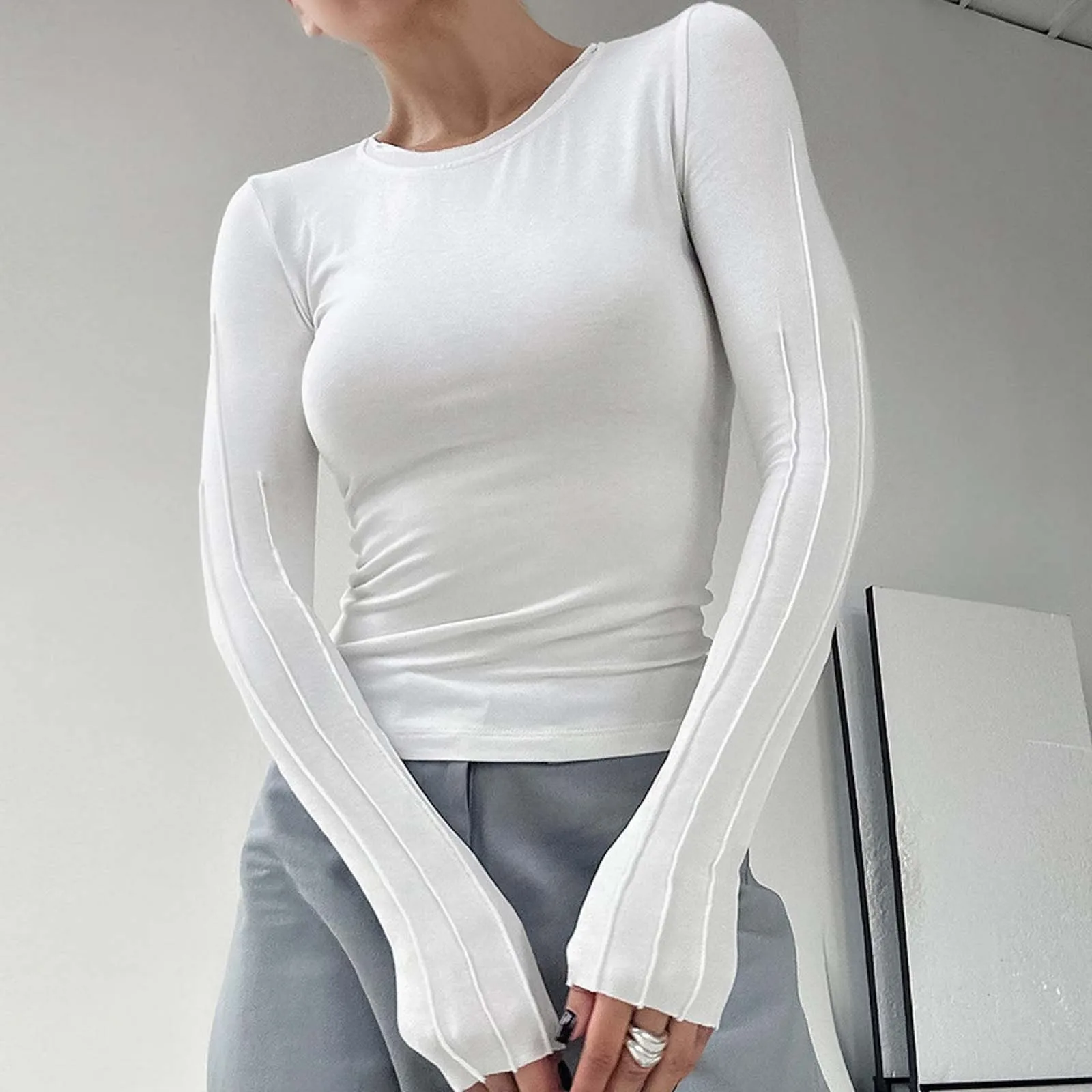 

Slim T-Shirts For Women'S Ribbed Long Sleeve T Shirt Round Neck Sexy Top Basic T Shirt Vintage Y2k Style Women Clothes Korean