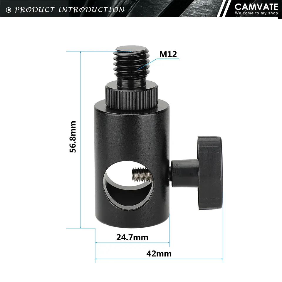 16mm Light Stand Head With M12 Male Thread Connector & 1/4"-20 Thread Screw For