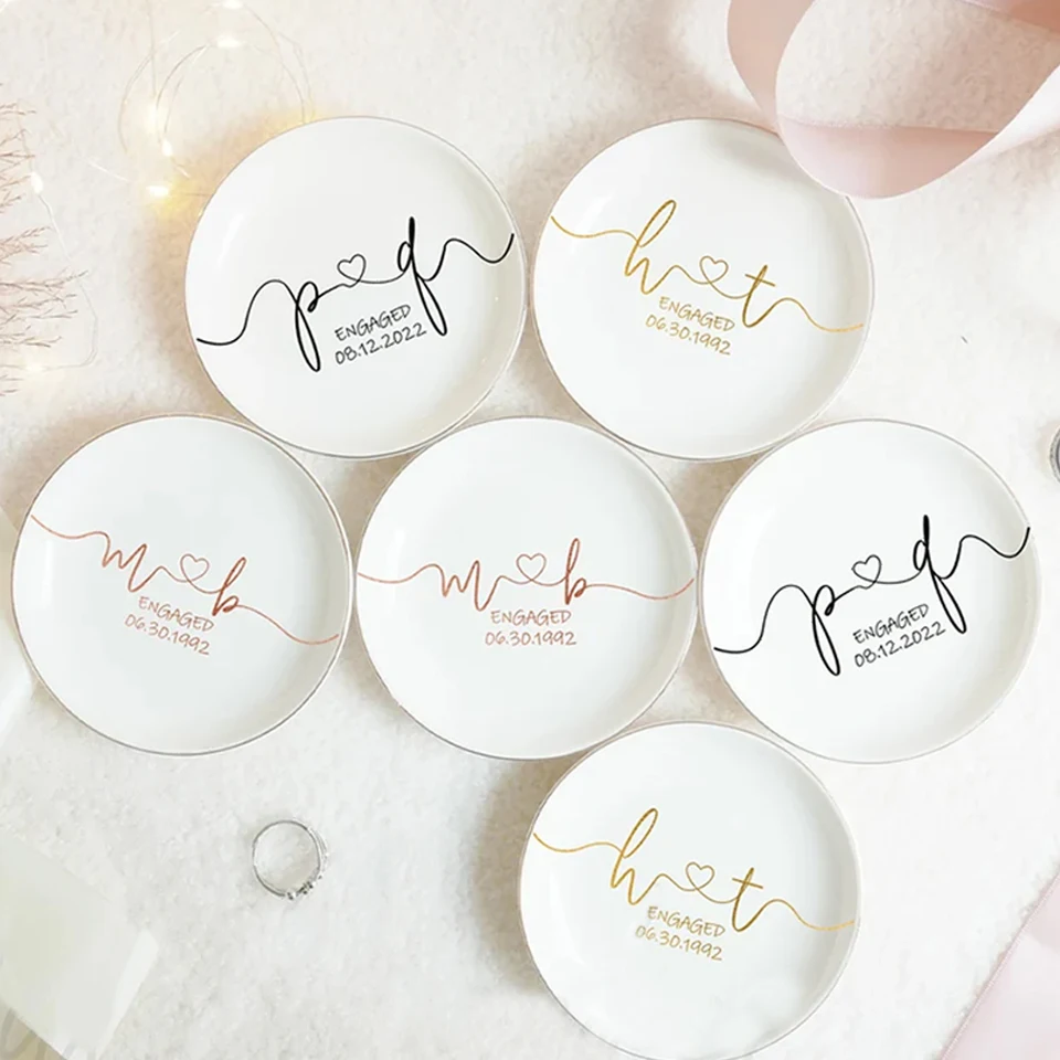 Personalized Initial Ring Dish - Ceramic Jewelry Tray With Gold V-Monogram, White Trinket Dish For Rings & Earrings