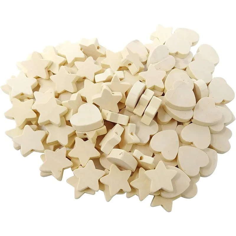 50Pcs 천연 나무 구슬 스타 하트 모양 미완성 나무 루즈 스페이서 구슬 공예용 구멍이 있는 DIY 쥬얼리 만들기