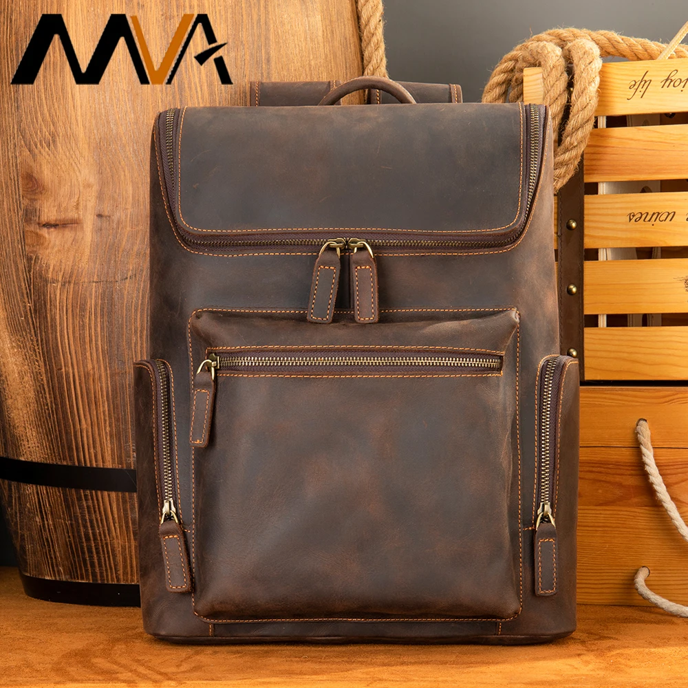 

MVA Crazy Horse Leather Laptop Backpack for Women and Men College Bag Student Work Bag Vintage Travel Business Daypack New 2258