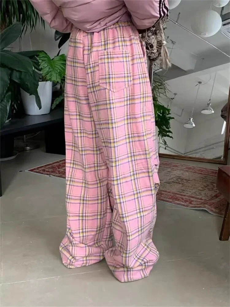 Deeptown Y2K Pink Plaid Pants Women Korean Fashion Winter Wide Leg Checked Trousers Oversized Harajuku Vintage Baggy Sweatpants
