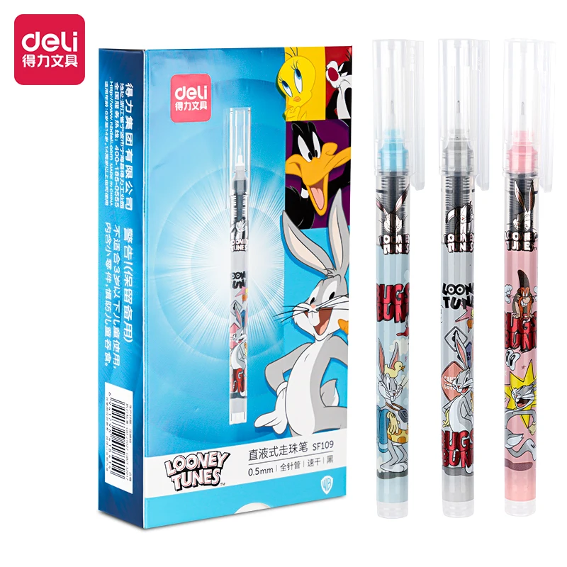 3Pcs Deli SF109 Looney Tunes Bugs Bunny Straight Liquid Ball Pen 0.5mm Gel Pens Full Needle Tube Black Ink Supplies School Offic looney tunes в чём дело док станкевич с а