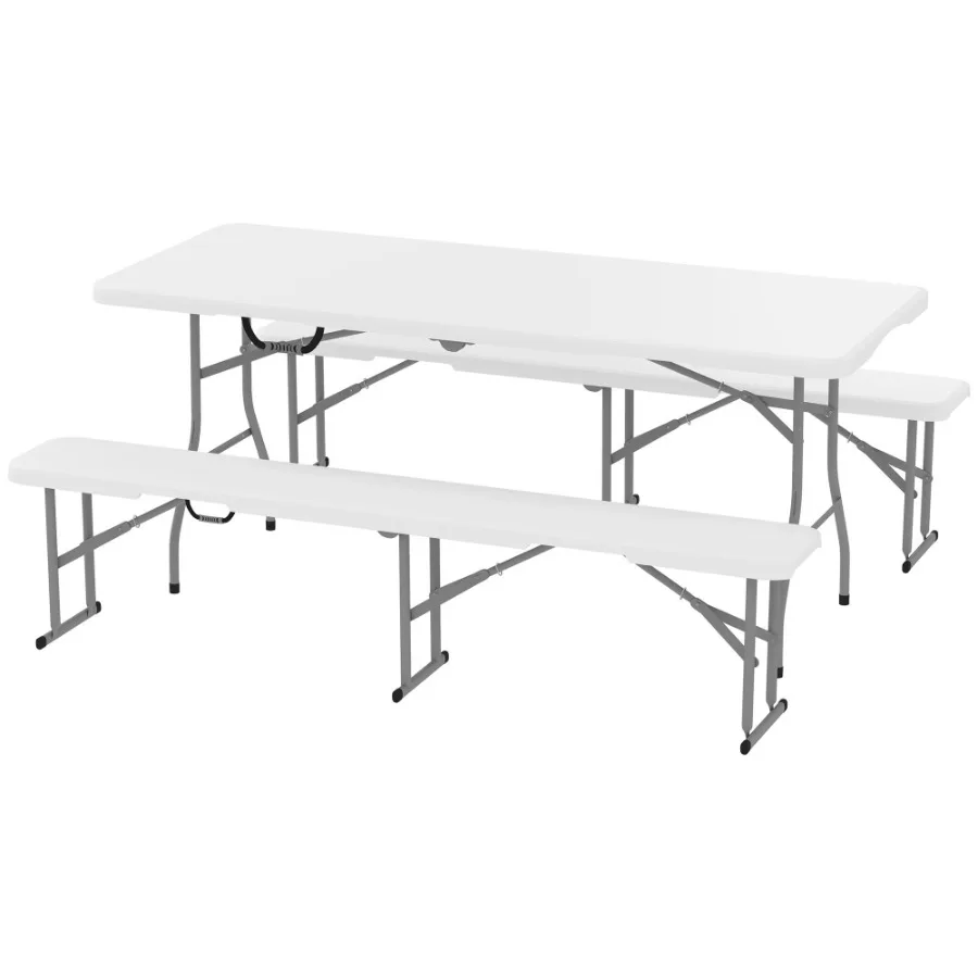 6FT 3 PCS Portable Camping Table and Chairs Folding Picnic Table Bench Set with Carrying Handles for BBQ Party White