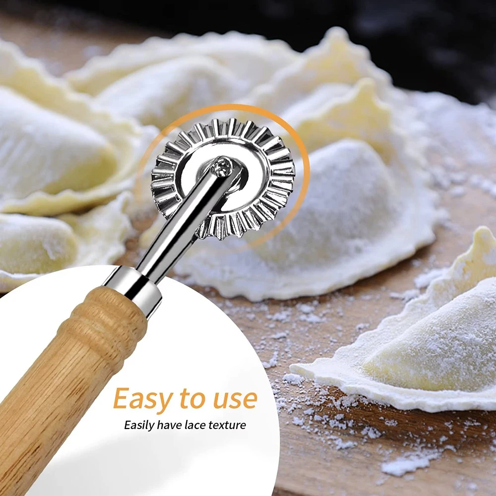 Baking Tool Dough Cookie Cutters Ravioli Cutter Wheel Pastry Wheel Cutters with Long Wooden Handle Cookie Press Embossing Mold Kitchen Baking Accessories