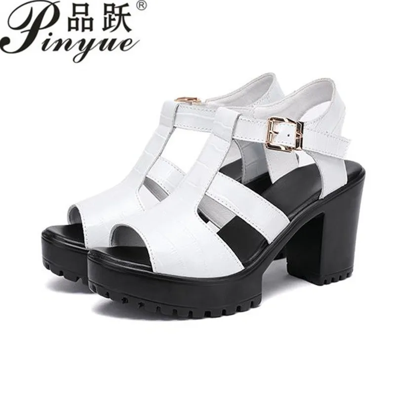 

8cm Summer Roman Non-slip Soft Leather Soft Sole Sandals Comfortable Thick Heel Women Open Toe Hollow Platform Sandals 32 43