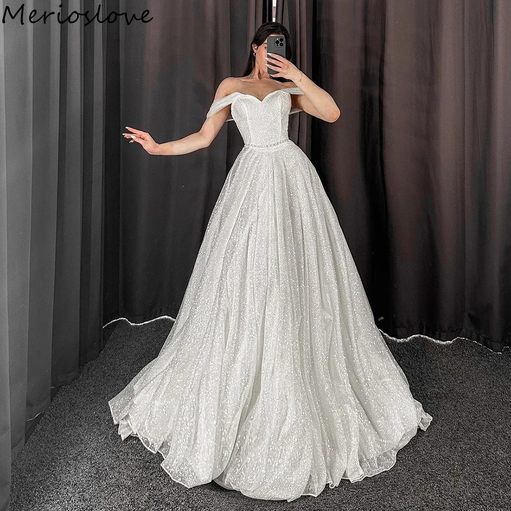 

Merioslove Glitter Wedding Dresses Off the Shoulder Sleeveless A-Line Shiny Bridal Gowns Sparkly Bride Dress 2024