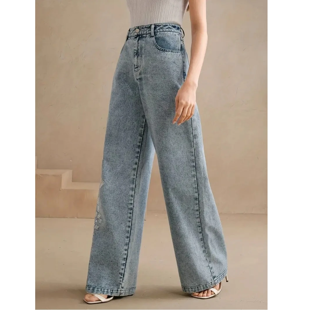 Y2k – jean tendance pour femme, grande taille, confortable, extensible, Denim délavé, Design brodé, mode, jambe droite, nouvelle collection 2025